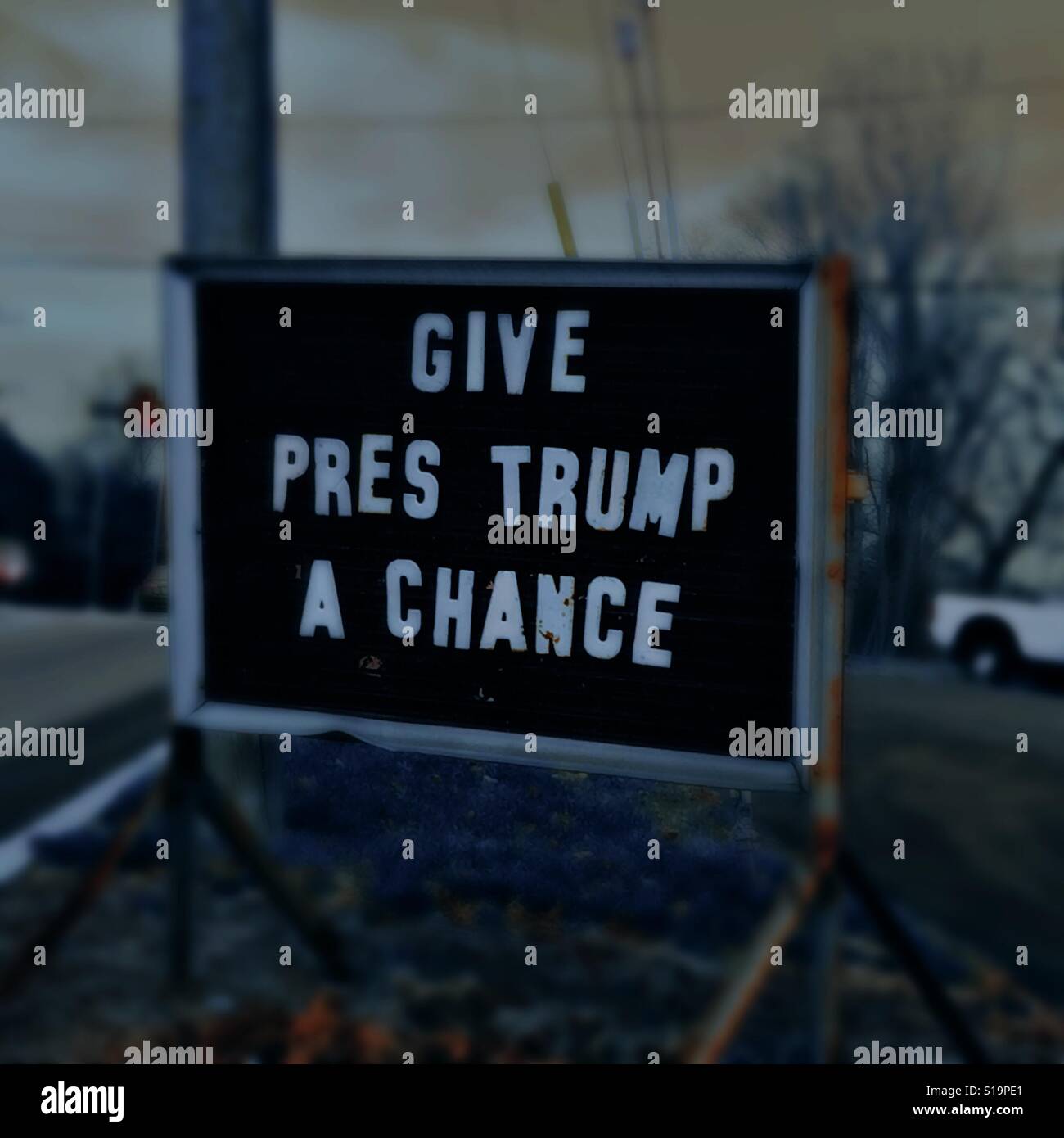 Sign supporting President Trump in front of a business in a small town in Pennsylvania. Stock Photo