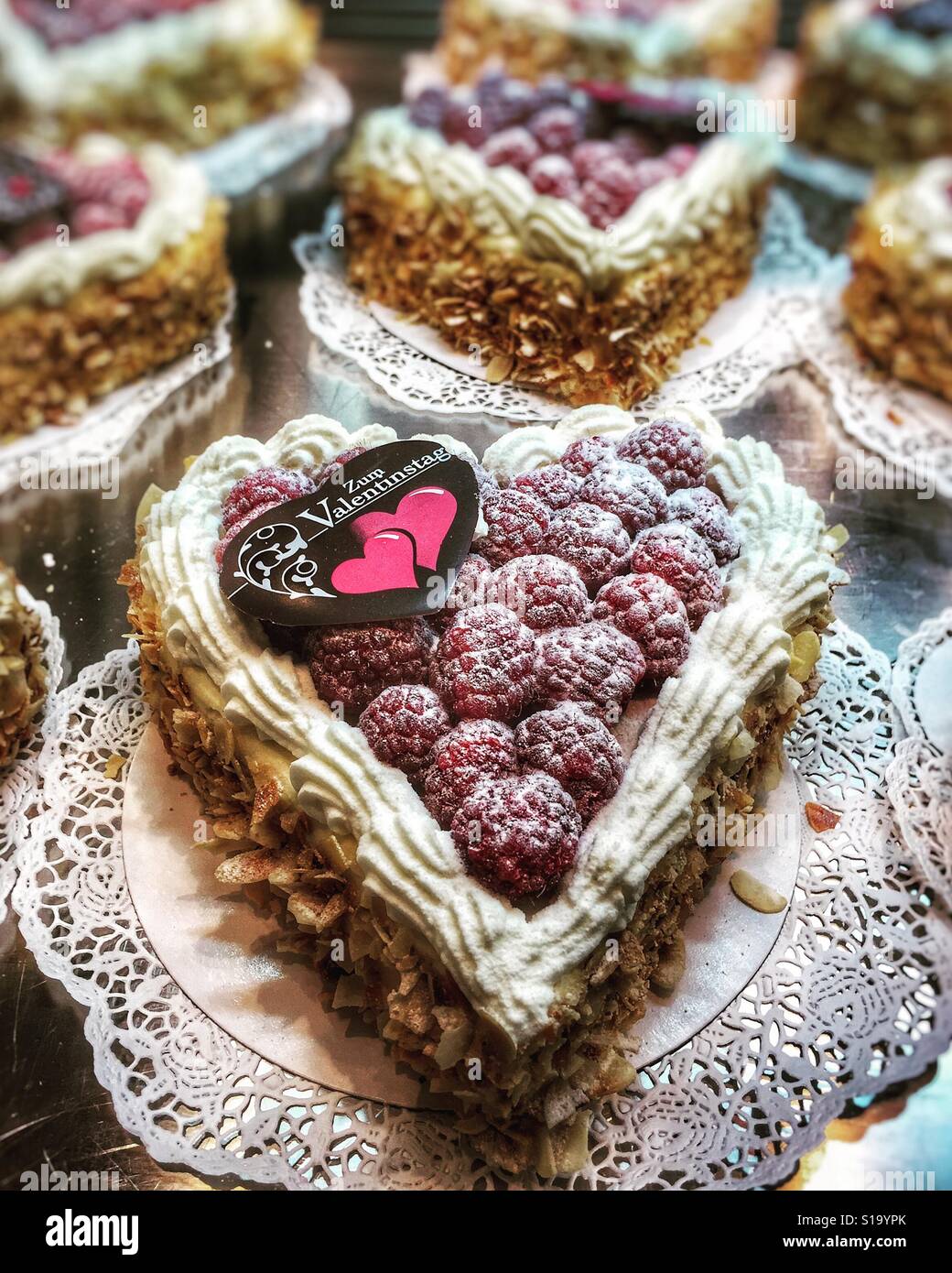 Valentine's Day cakes in a Swiss bakery Stock Photo