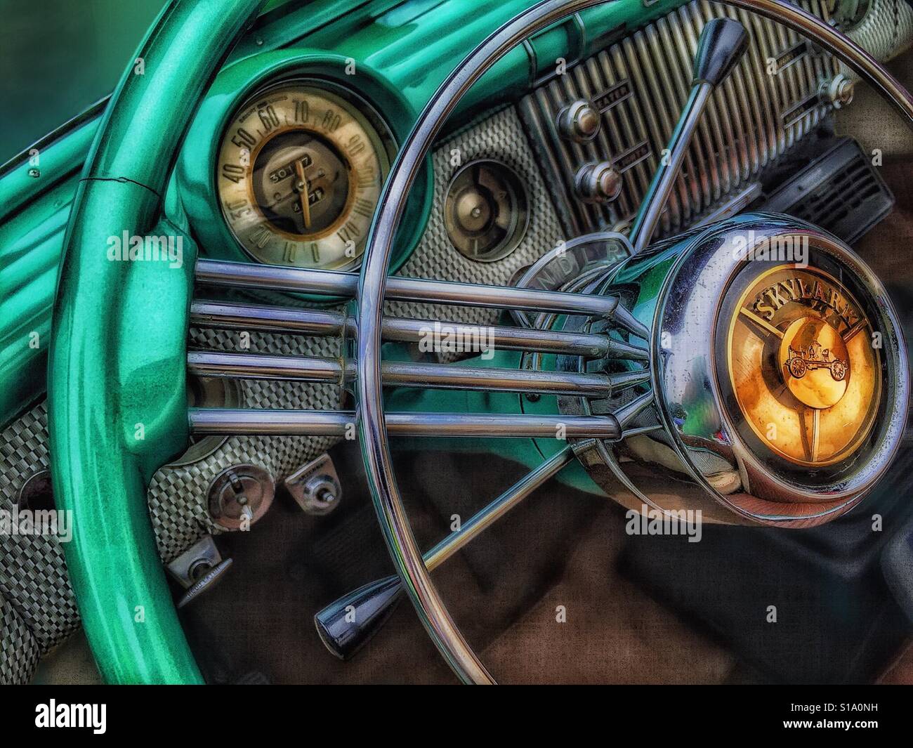 Vintage Buick Skylark Dashboard and steering wheel - Smartphone Captured Stock Image