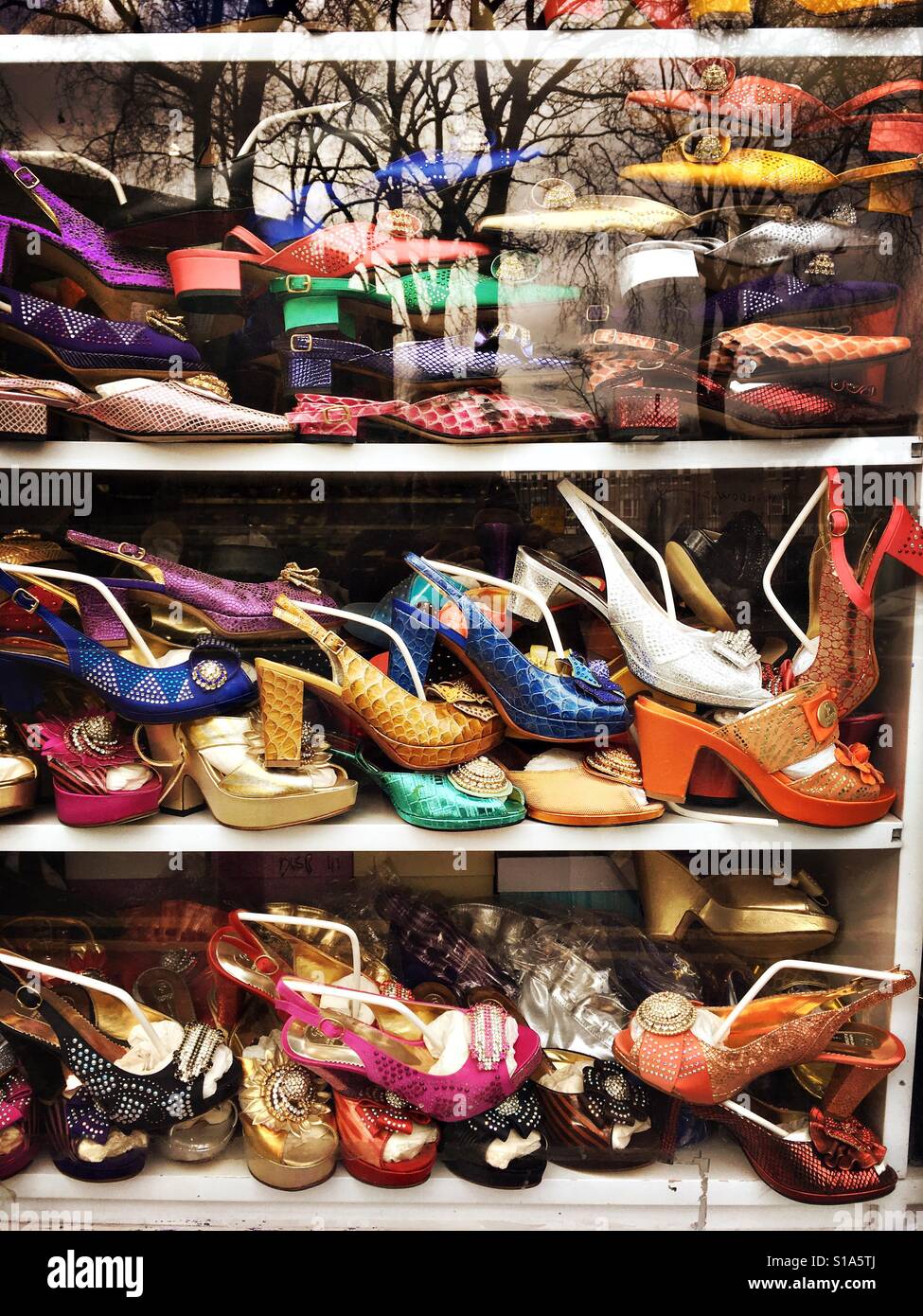 Colourful shoes on an East London  shoe retailers window - Smartphone Captured Stock Image