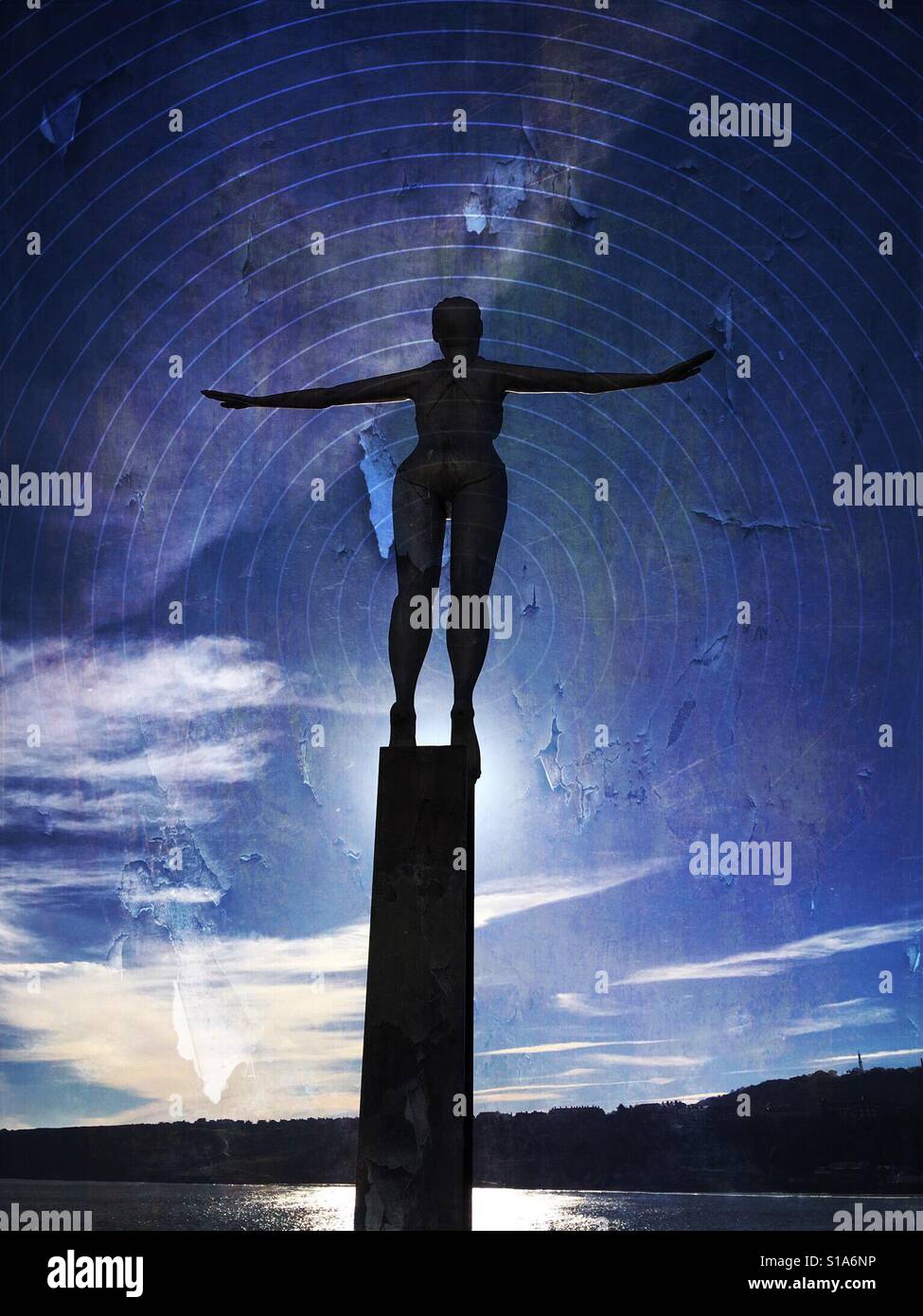 Rear view of Diving Belle sculpture, Scarborough harbour - Smartphone Captured Stock Image