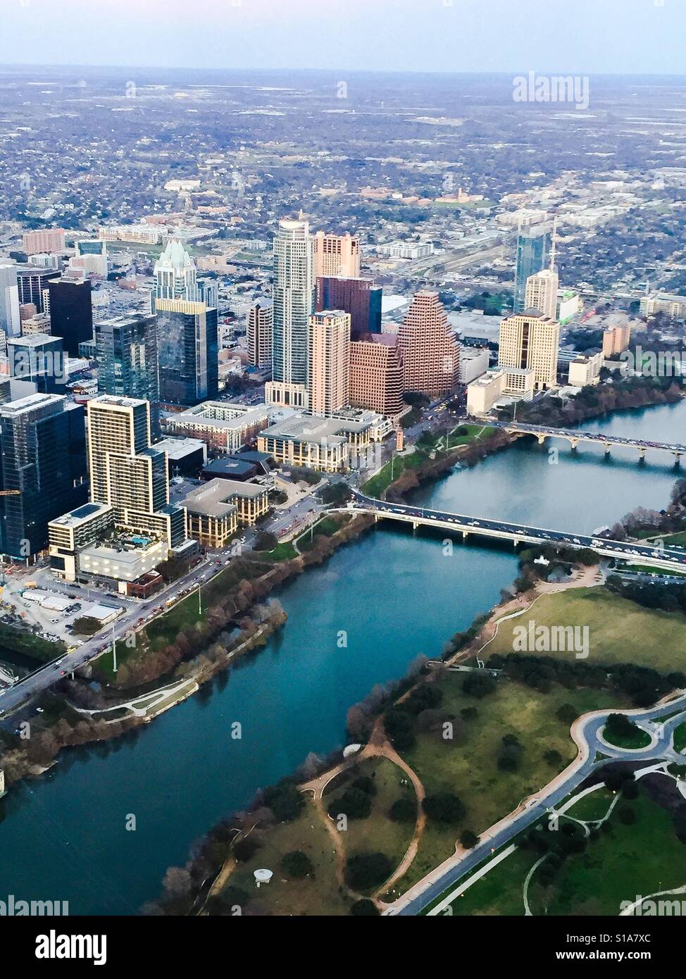 An aerial view of downtown Austin Texas and Lady Bird Lake Stock Photo