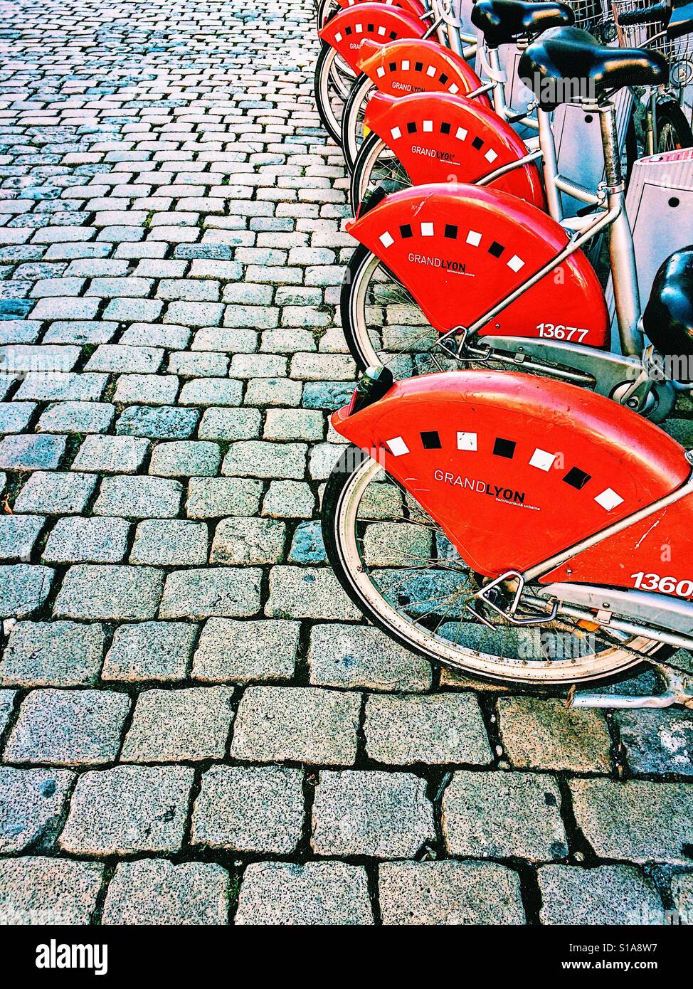 Rental bikes, Lyon, Auvergne, France, Europe - Smartphone Captured Stock Image