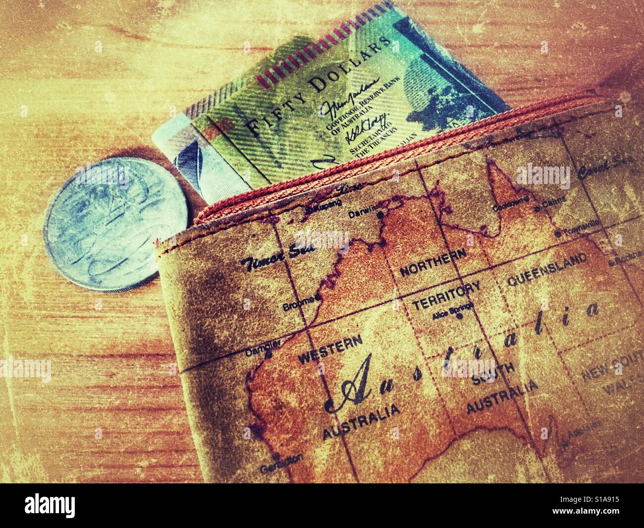 Australia purse, with banknotes and coin - Smartphone Captured Stock Image