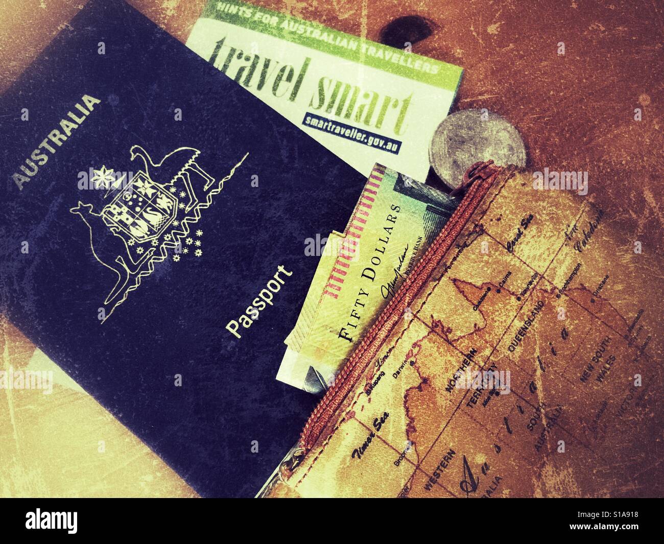 Australia passport, advice to travellers, purse and money - Smartphone Captured Stock Image