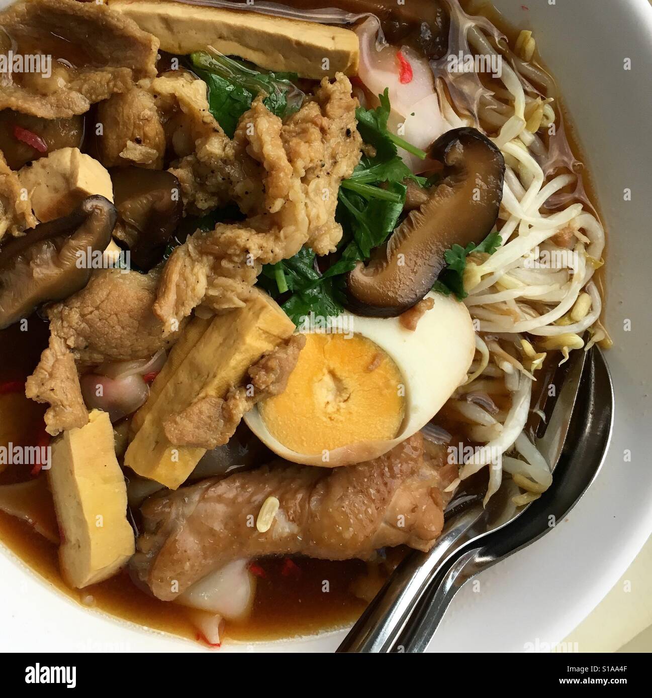 Palatable Asian noodle in brown soup with mixed meats, egg and vegetables Stock Photo