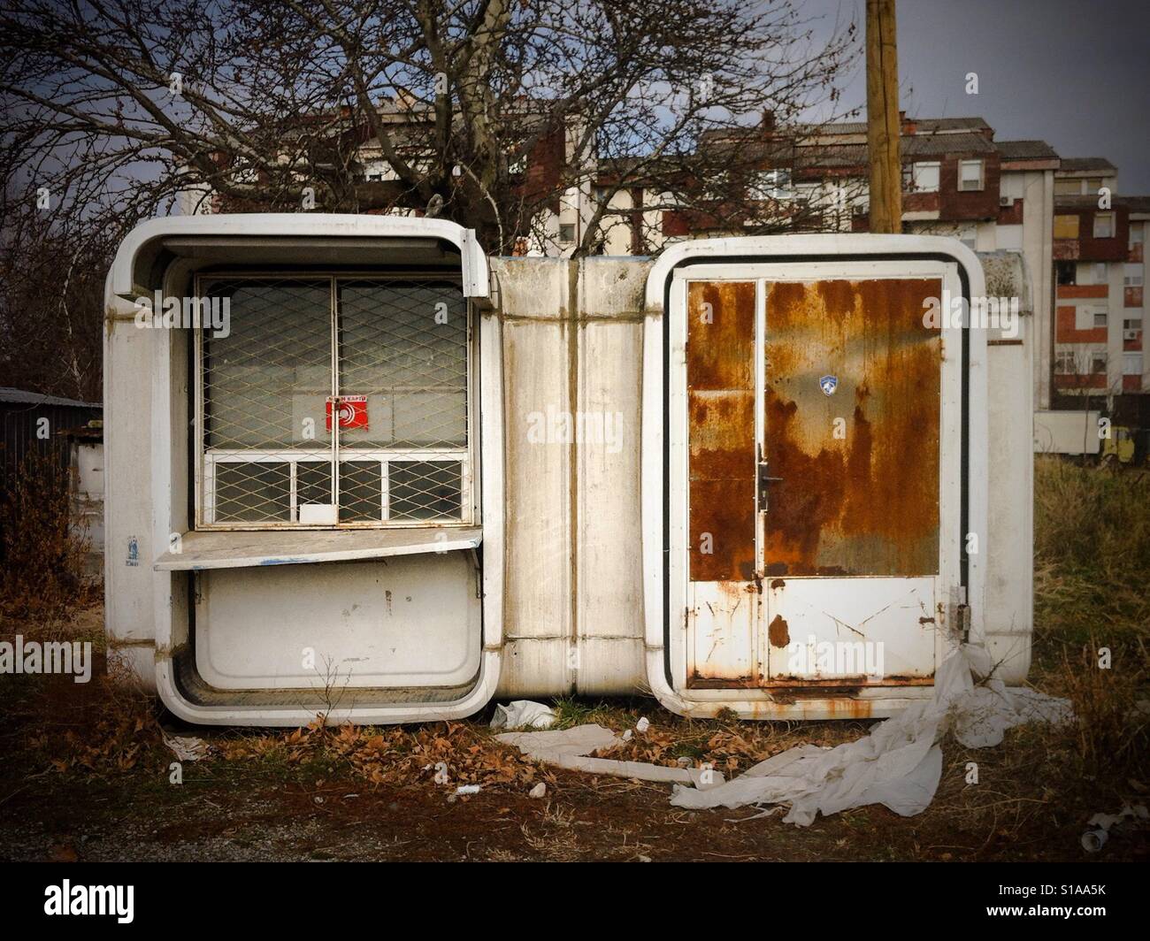 Abandoned ticket office in Gevgelija, Macedonia. Stock Photo