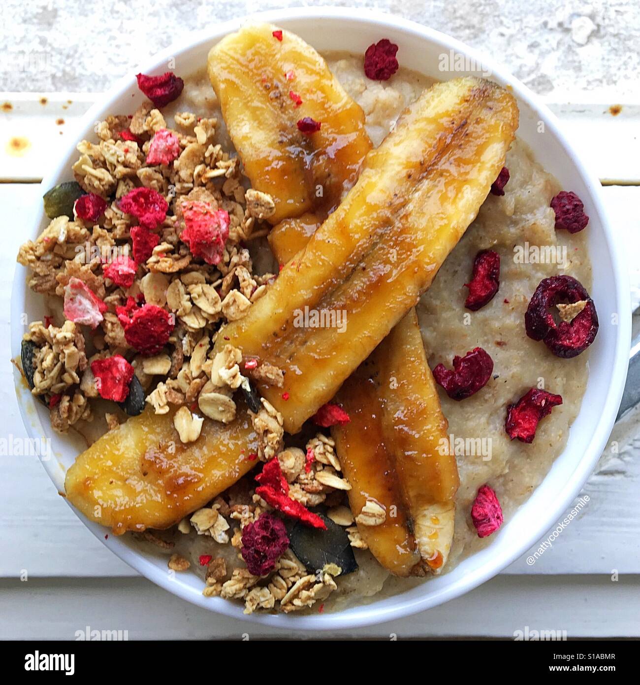 An oatmeal bowl artistically served!! Stock Photo