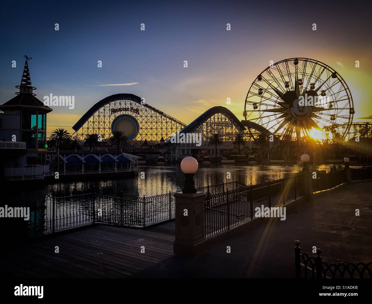 Sunset in Paradise Pier at Disney's California Adventure in Anaheim, California Stock Photo