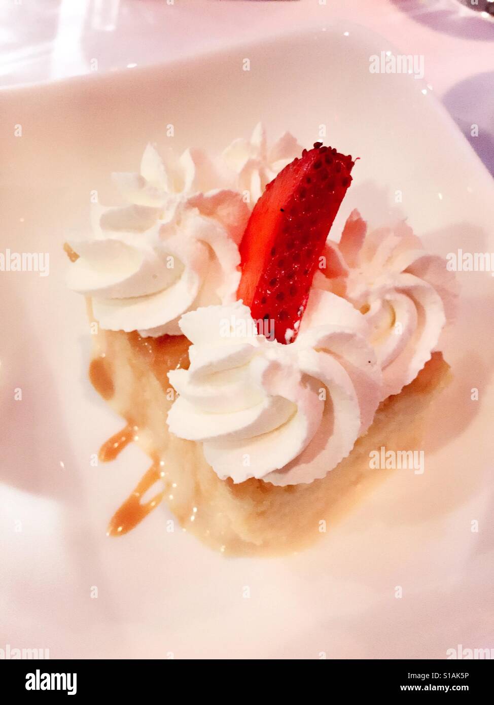 Tres  leches traditional Mexican sponge cake with cajeta sauce served at luxury upscale restaurant, NYC, USA - Smartphone Captured Stock Image