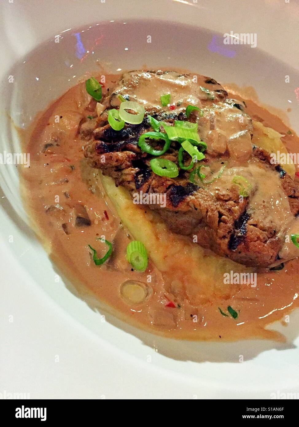 Fillet mignon steak topped with a red wine mushroom cream sauce and served with mashed potatoes at luxury upscale restaurant, NYC, USA Stock Photo