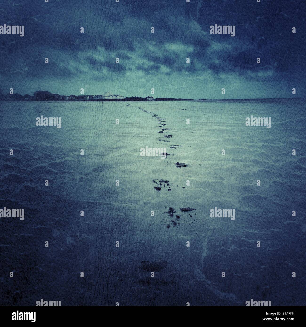 Disappearing footprints into distance on wet sandy beach - Smartphone Captured Stock Image