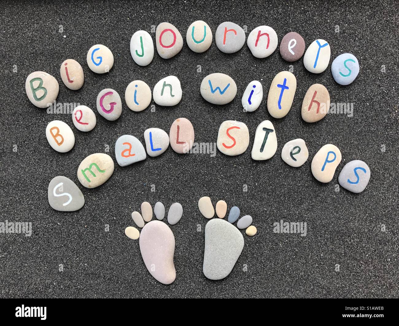 Big journeys begin with small steps, inspiration quote with stones Stock Photo