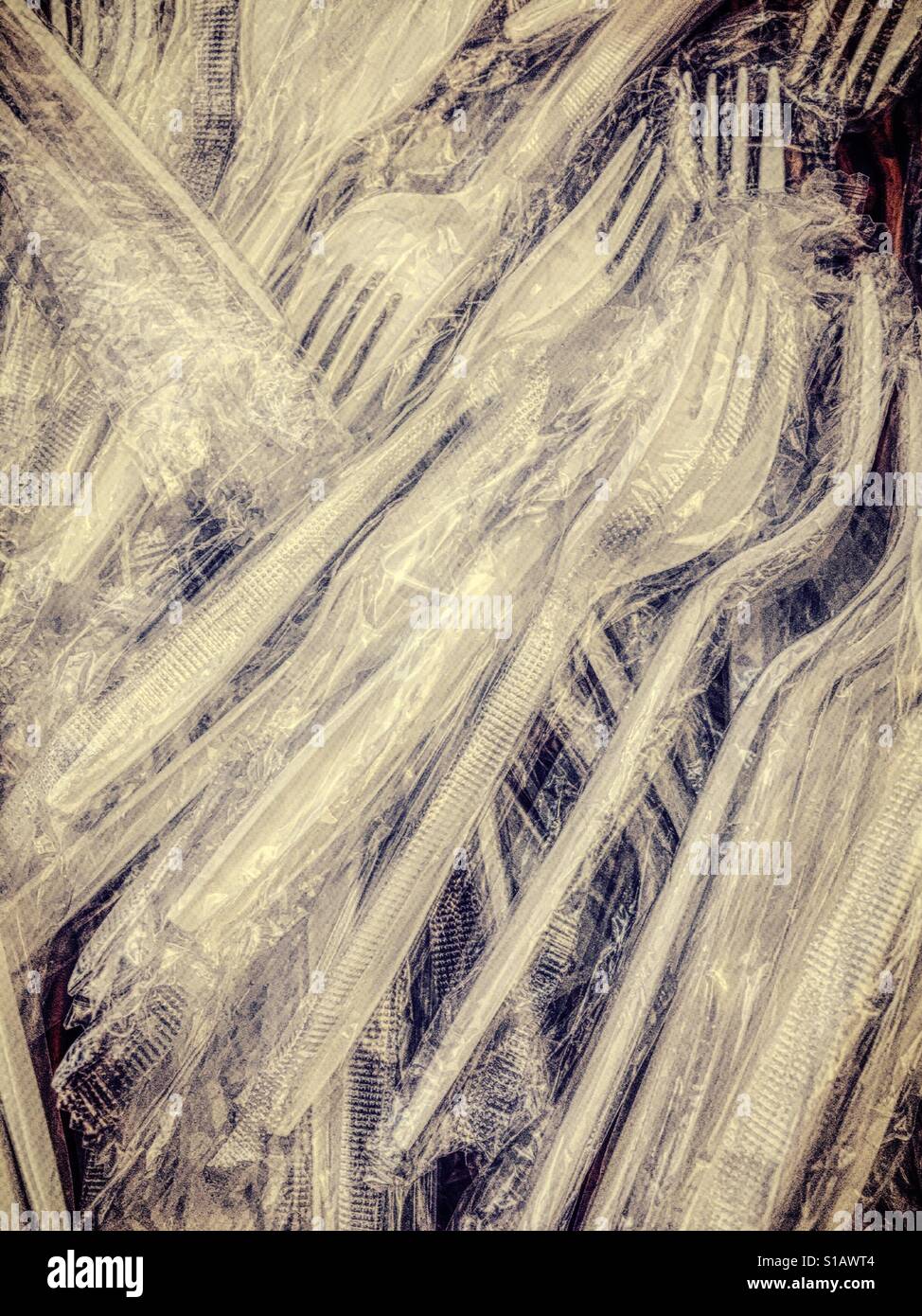 Plastic  forks in individual cellophane packages, USA - Smartphone Captured Stock Image