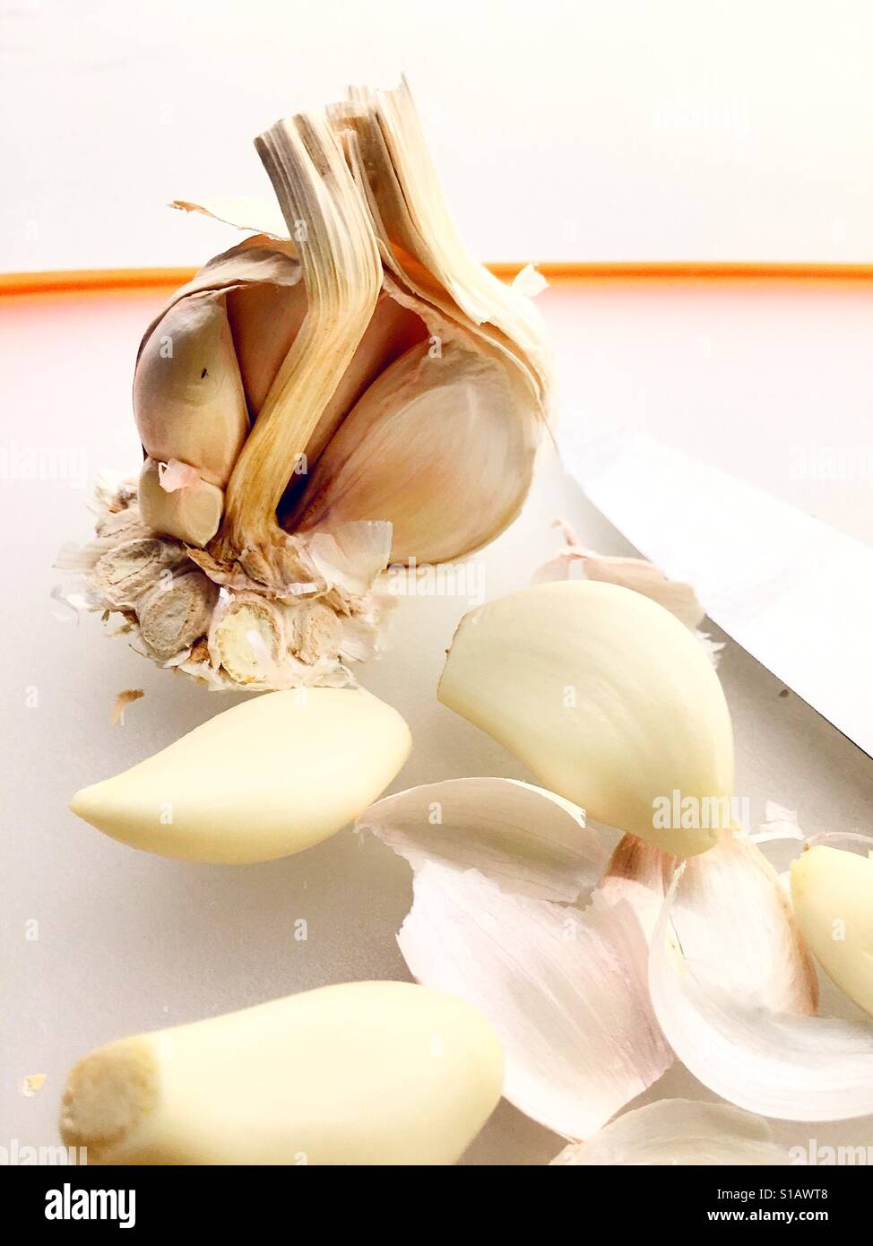 Garlic bulb , cloves and knife and cutting board in kitchen, USA - Smartphone Captured Stock Image