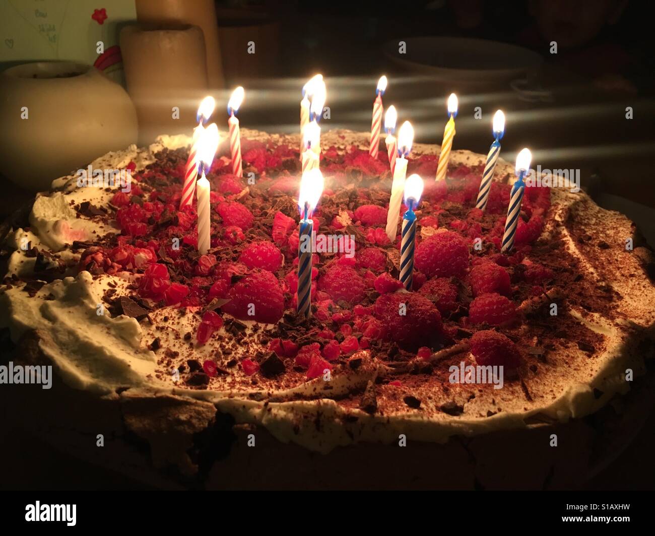 14 candles on a Birthday Cake Stock Photo