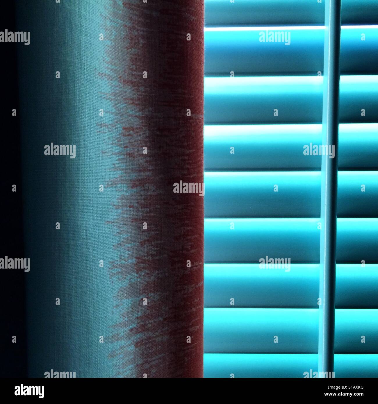 Curtains and blinds in a guest room at the Dream Inn, Santa Cruz, California - Smartphone Captured Stock Image