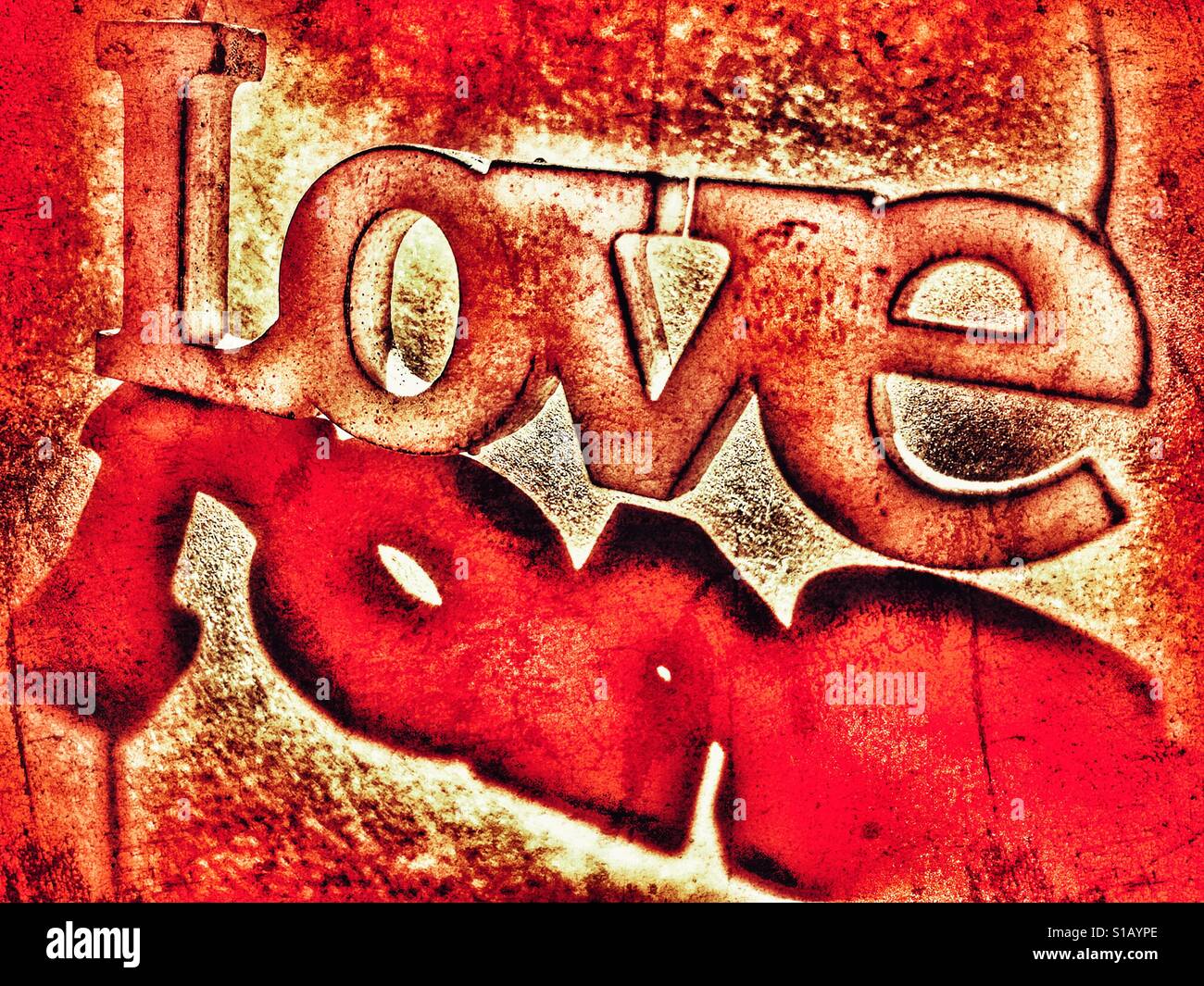 Love. Wooden letters reflected in polished granite with added effects. - Smartphone Captured Stock Image