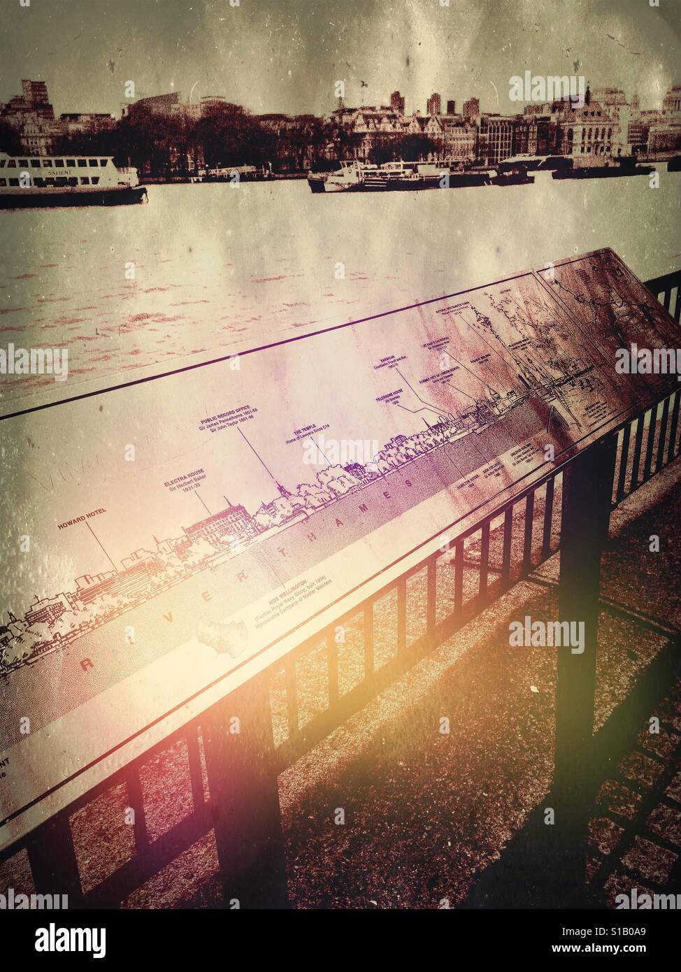 Information map for tourists by river Thames, south bank, London - Smartphone Captured Stock Image