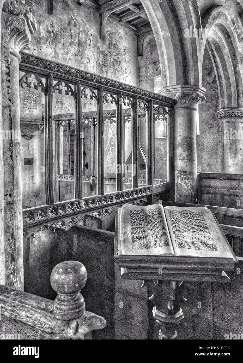 The interior of the redundant Anglican Church of St. John The Baptist in Ingelsham, Wiltshire, England. This Church is no longer in use, but has Grade 1 Listed status. Photo Credit - © COLIN HOSKINS. - Smartphone Captured Stock Image