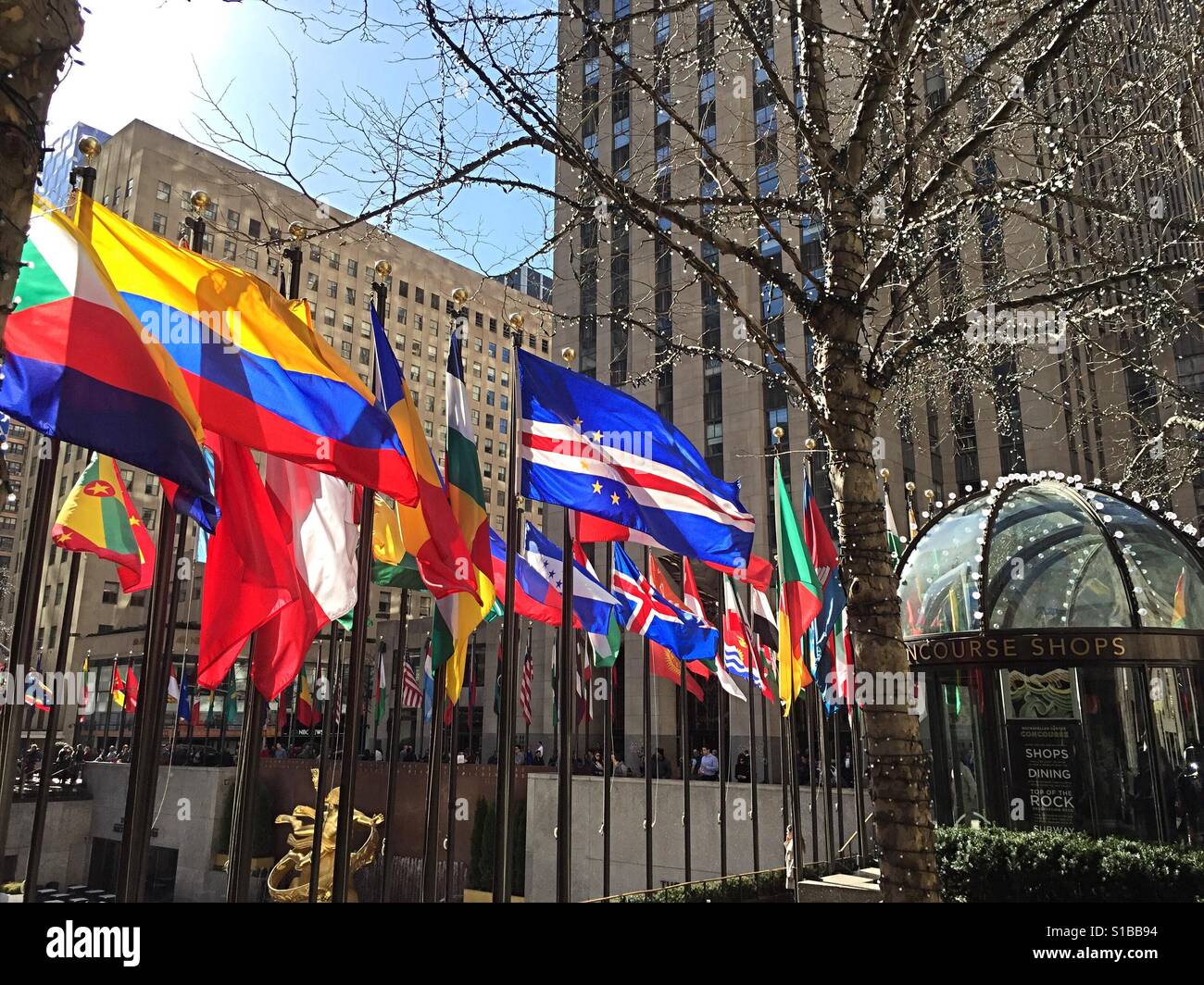 International nation flags at Rockefeller center plaza, NYC, USA Stock