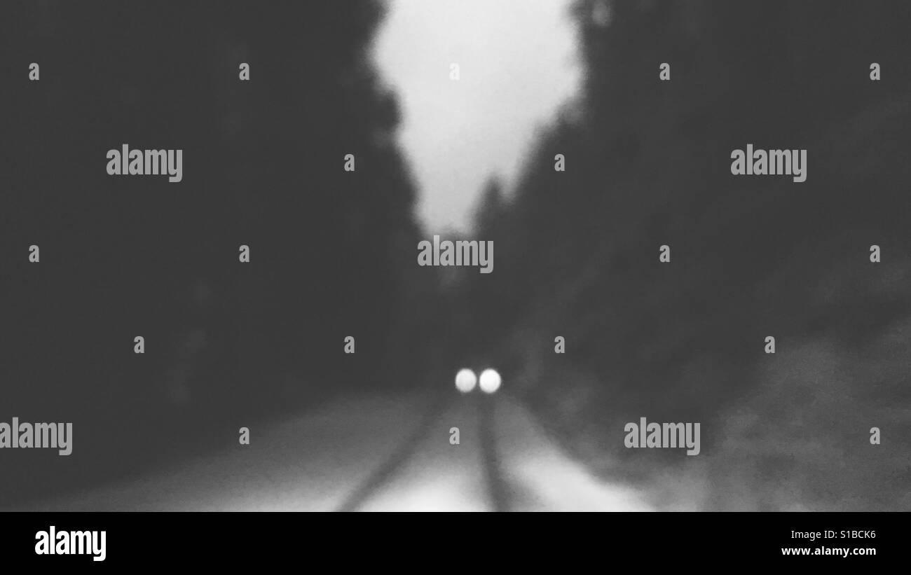 Intentionally out of focus black and white photo of car driving through snow on forest road. Stock Photo