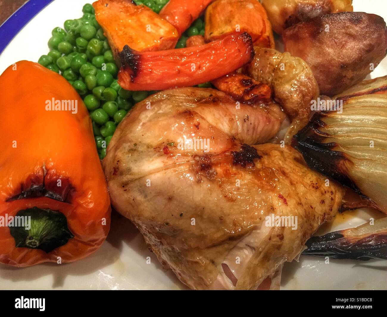 Roast chicken and vegetables on a plate - Smartphone Captured Stock Image
