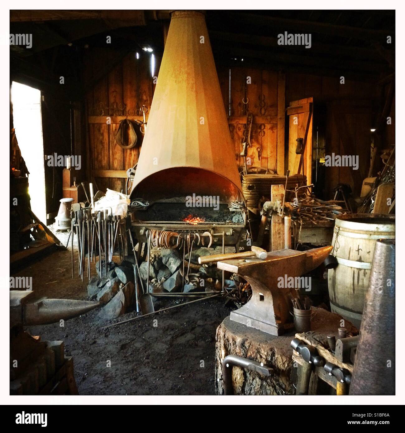 A blacksmith workshop. Columbia State Historic Park, Columbia, Tuolumne County,  California, USA - Smartphone Captured Stock Image