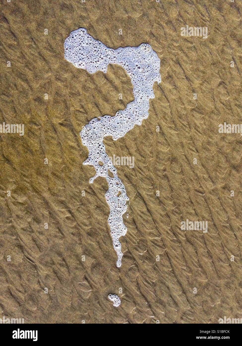 Question Mark, sea foam on sandy beach, Cannon Beach, Oregon Coast - Smartphone Captured Stock Image