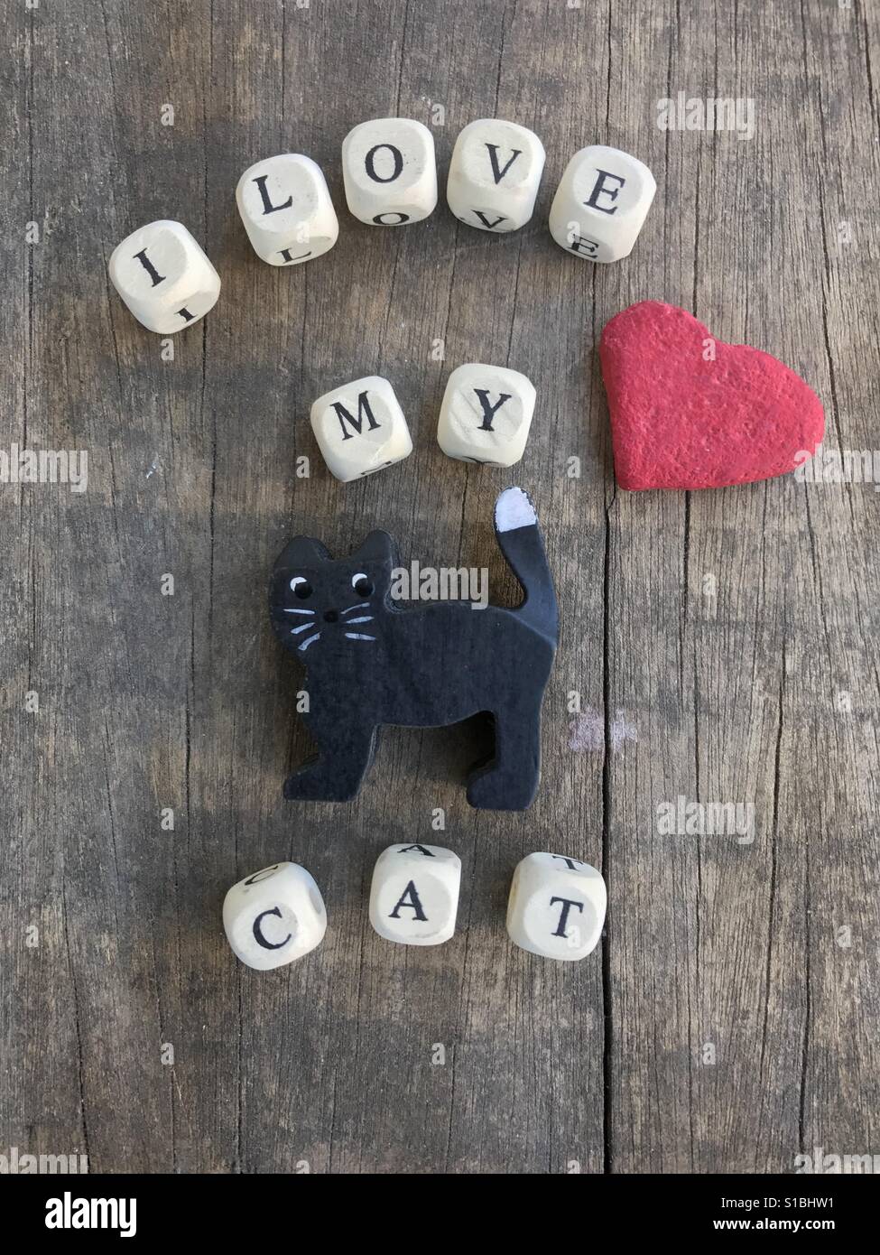 I love my cat, wooden items fantasy Stock Photo