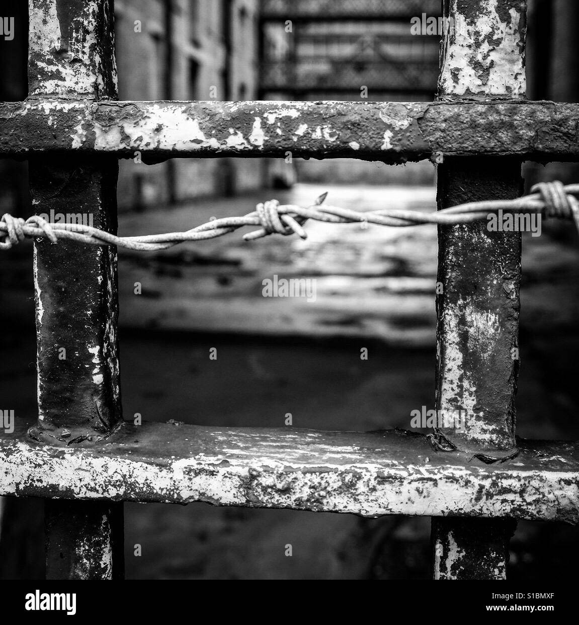 Urban decay barbed wired gate. Stock Photo
