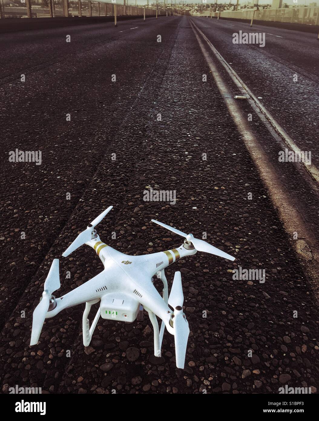 Drone is ready for take off from the pavement - Smartphone Captured Stock Image