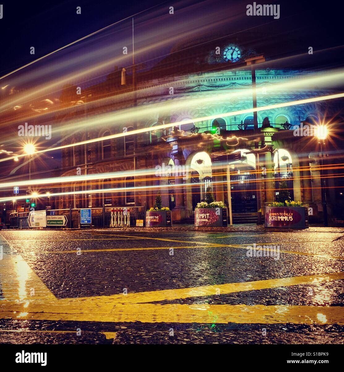 Light trails outside Leeds Corn Exchange. West Yorkshire - Smartphone Captured Stock Image