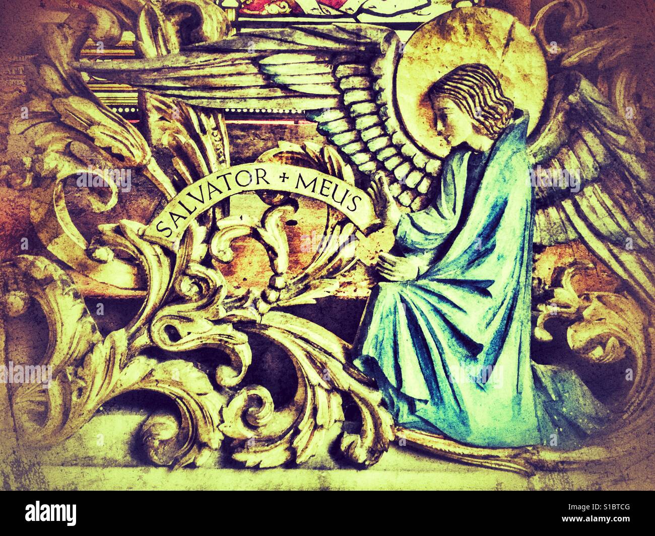 Salvatore meus, My Saviour, figure with a halo carved in wood, St Mary's Church, Compton Pauncefoot, Somerset, England - Smartphone Captured Stock Image