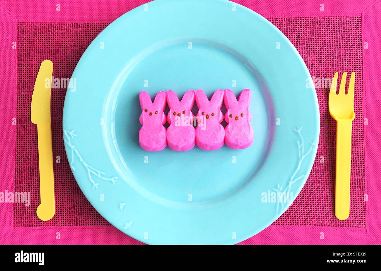 Peeps bunnies on a plate. Stock Photo