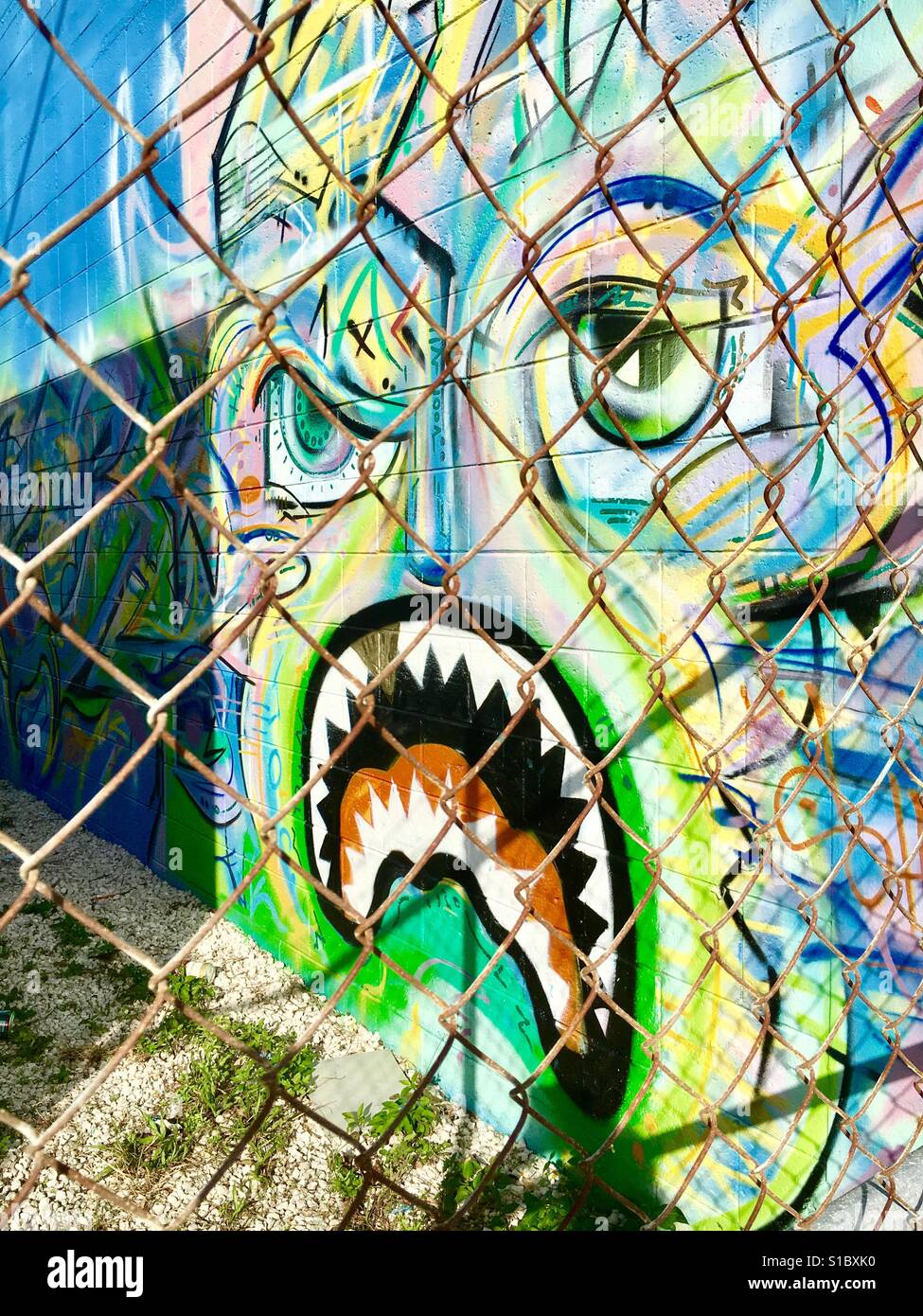 Behind the fence angry face graffiti - Smartphone Captured Stock Image