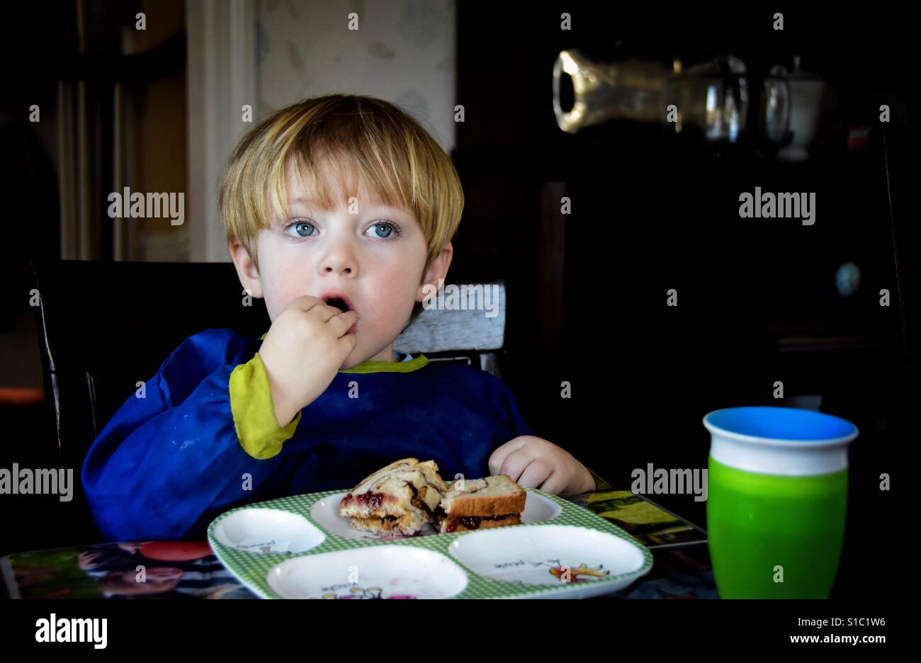 Toddler boy eating peanut butter and jelly sandwich for lunch at home