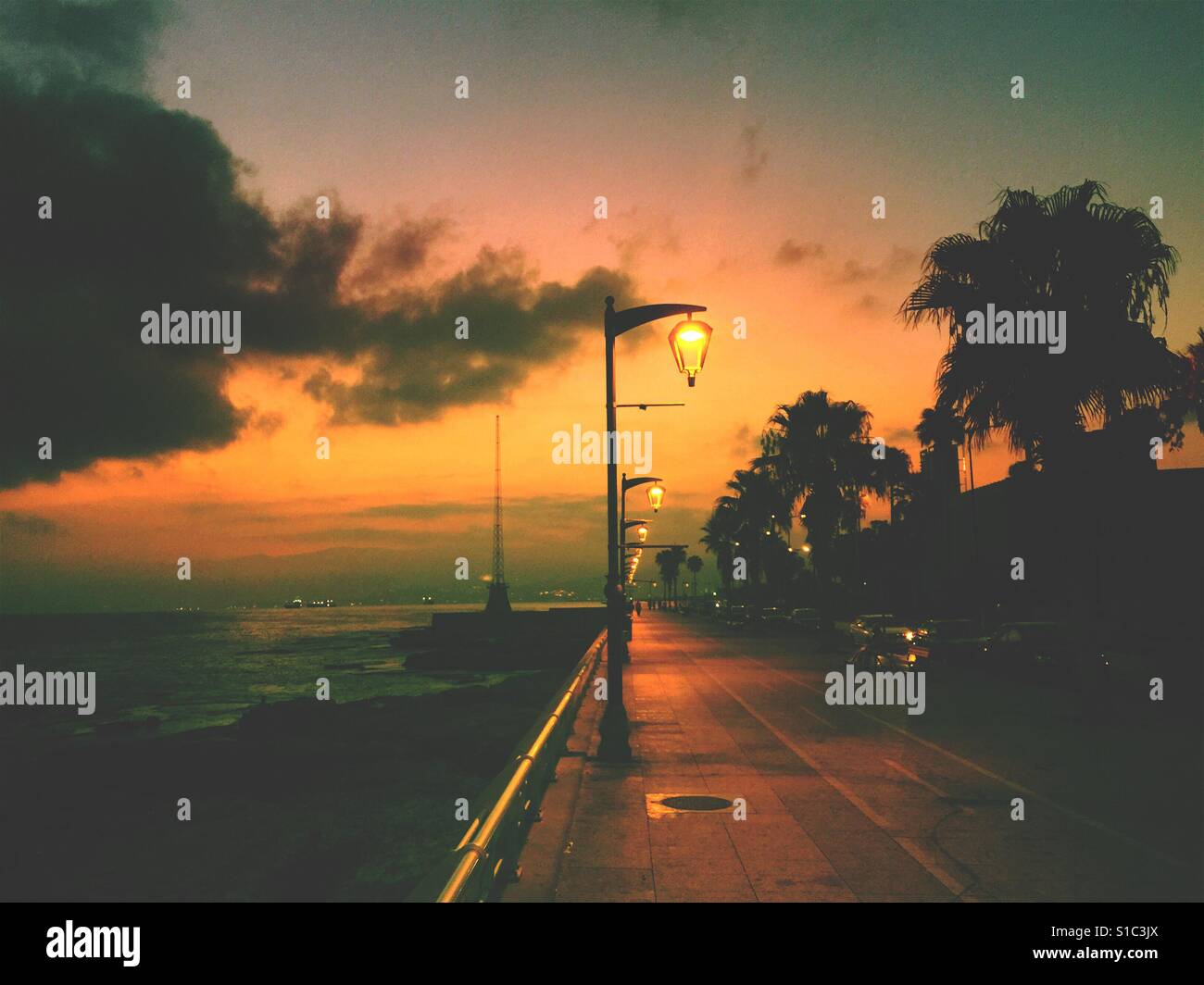 Streetlights at sunrise by the promenade beirut lebanon Stock Photo