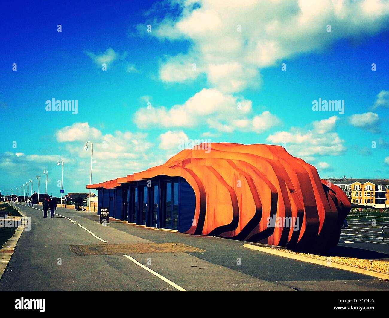 East beach cafe in spring sunshine - Smartphone Captured Stock Image