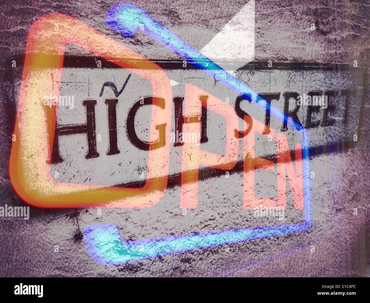 Neon sign of the word 'open' against a street sign 'high street'. Double exposure, special effect. - Smartphone Captured Stock Image