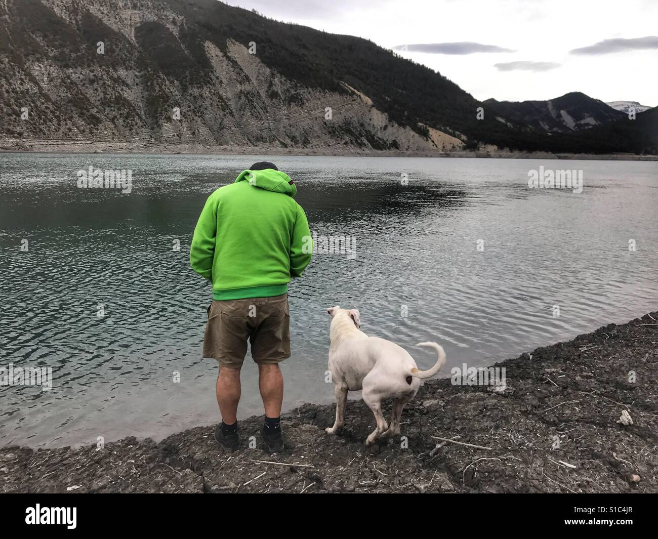 Man and dogs outdoors Castillon lake France - Smartphone Captured Stock Image