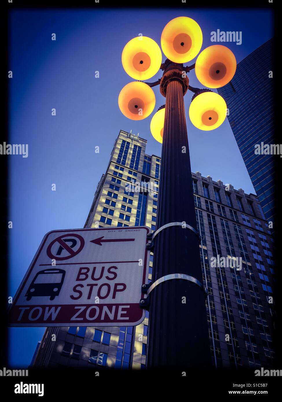 Street lights on Wacker Drive, Chicago Stock Photo