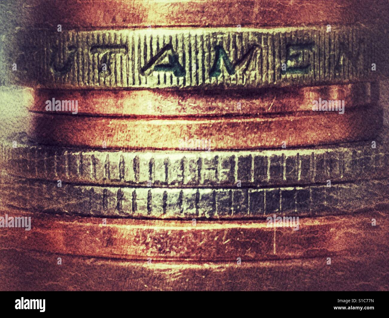 Pile of English copper coins, milled silver coins and a £1 coin. Macro. - Smartphone Captured Stock Image