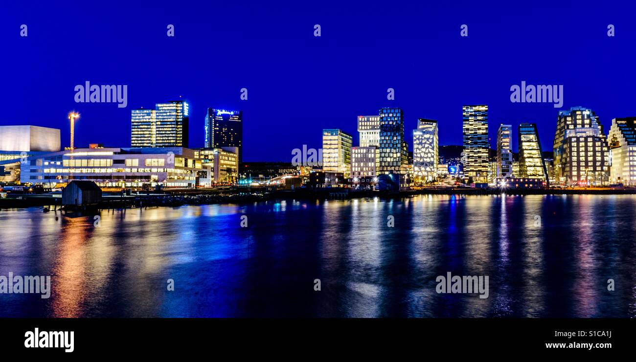 Night skyline of Oslo, Norway. View towards the Opera and Barcode buildings Stock Photo