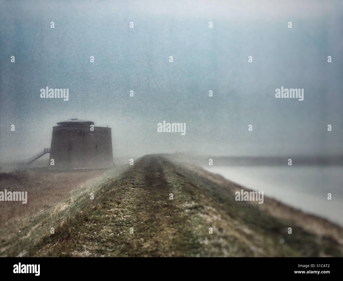 Martello Tower Y in fog, Bawdsey, Suffolk, UK. - Smartphone Captured Stock Image