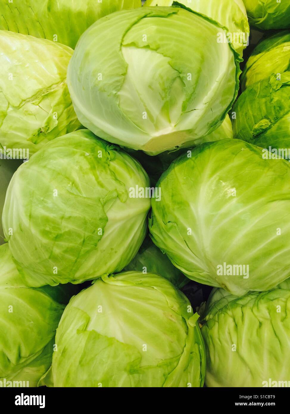 Green Cabbage at market Stock Photo