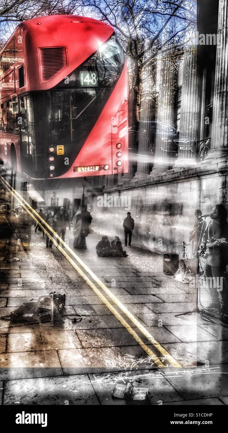 Double exposure shot with Red double decker bus and buskers, Trafalgar Square, London, England - Smartphone Captured Stock Image
