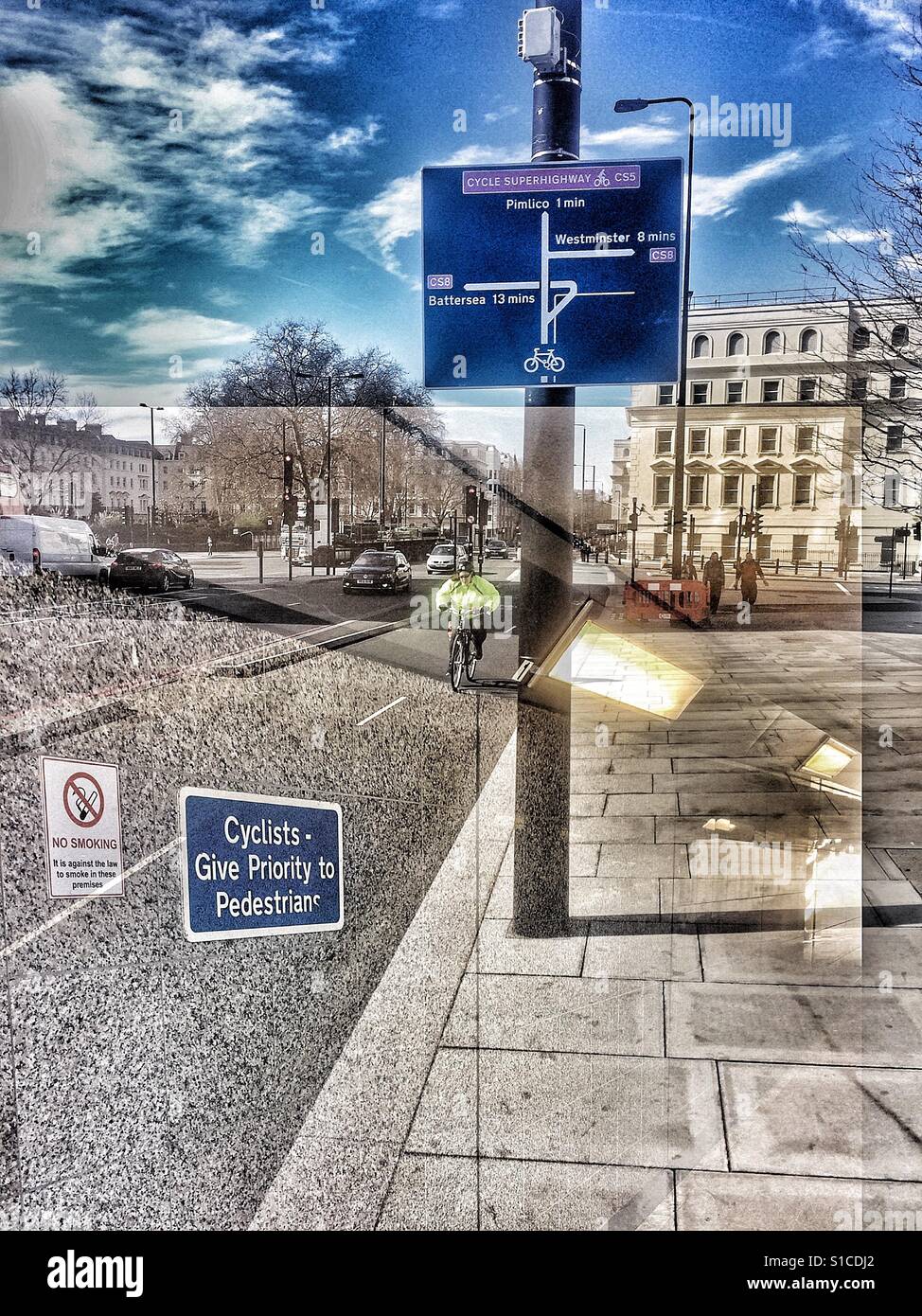 Cycling double exposure image, London, England - Smartphone Captured Stock Image