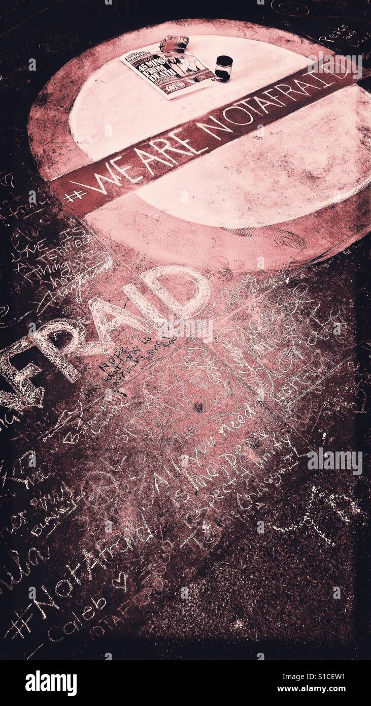 We are not afraid pavement art, Trafalgar Square, London - Smartphone Captured Stock Image