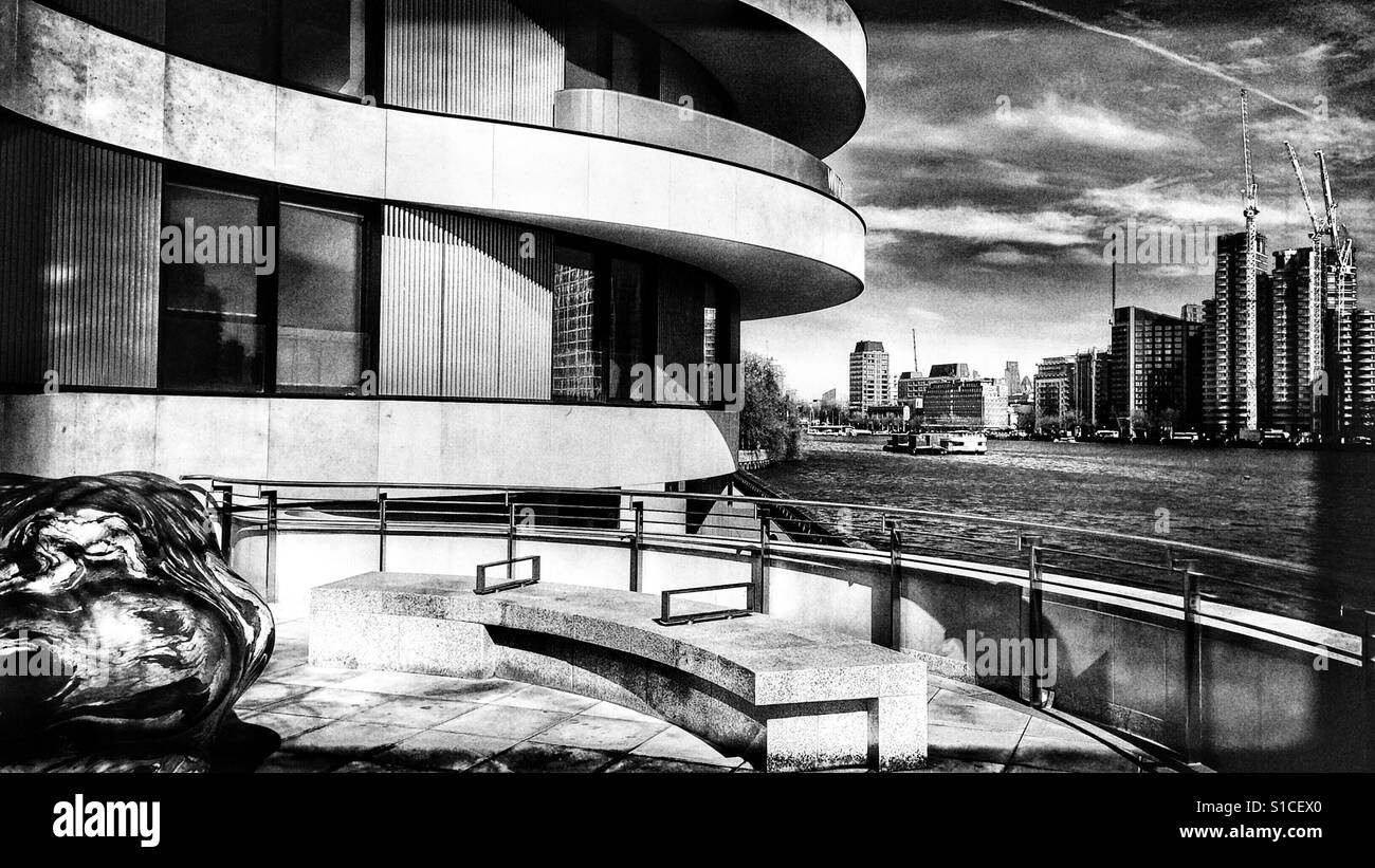 Curved contemporary riverside architecture and sculpture, London - Smartphone Captured Stock Image